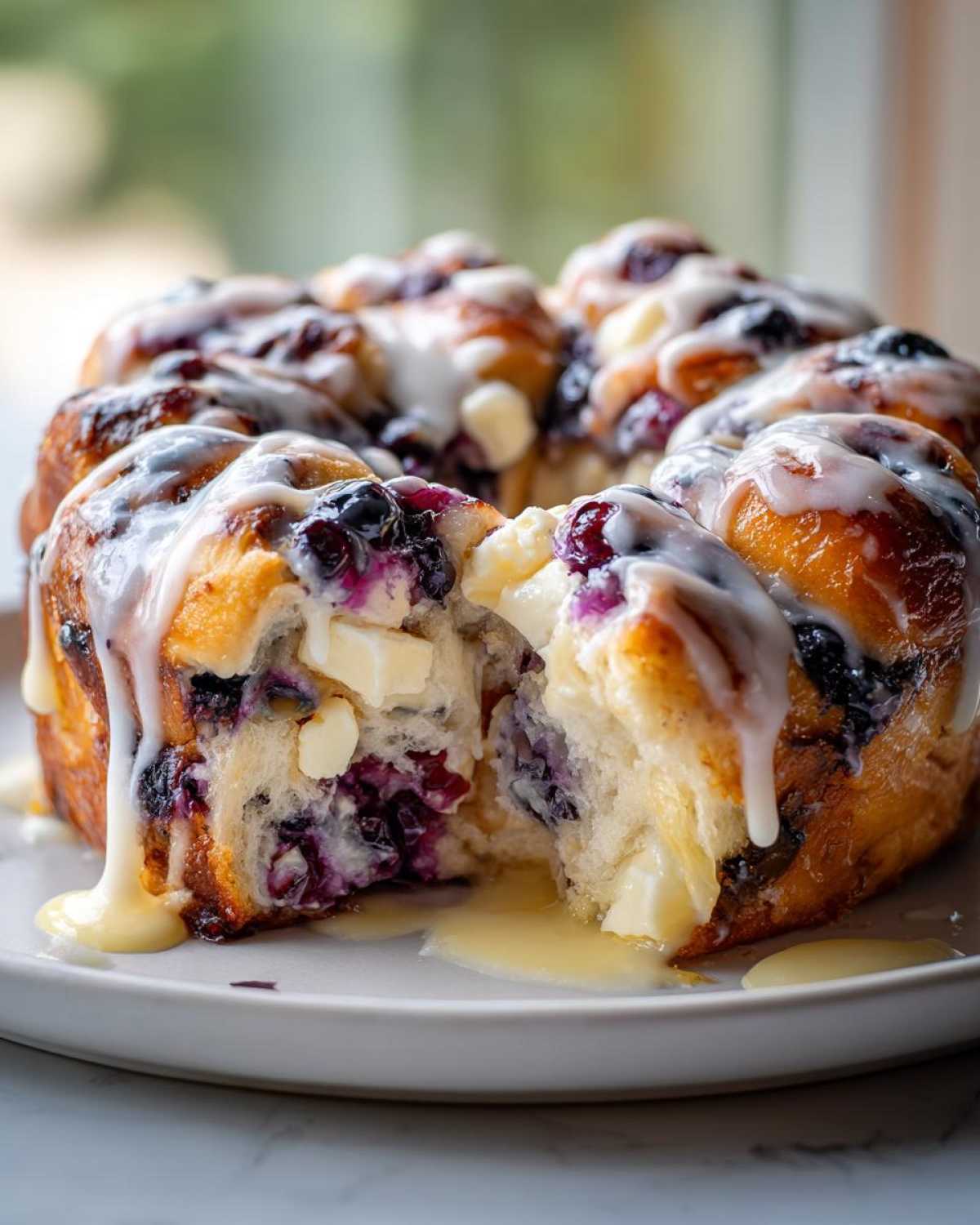 Close-up of gooey blueberry monkey bread, drizzled with icing and showing soft interior with blueberries and white chocolate.