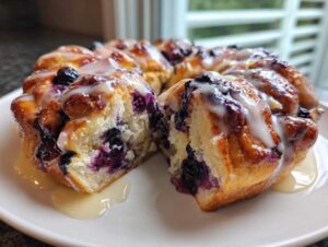 Close-up of gooey blueberry monkey bread cut in half, showing soft interior and drizzled with vanilla glaze.