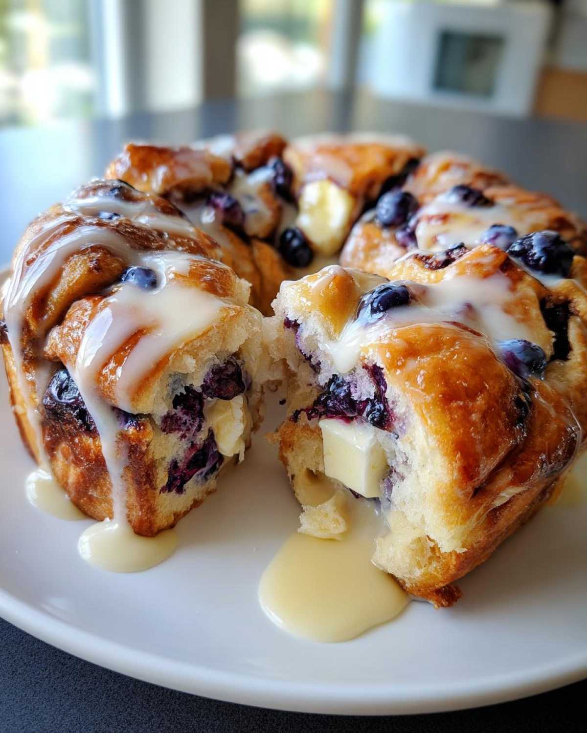Close-up of freshly baked blueberry monkey bread, pulled apart to show gooey interior, blueberries, and vanilla icing.
