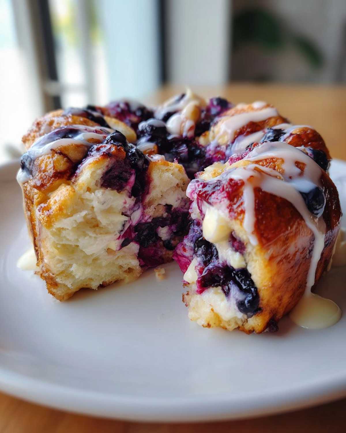 A close-up of a slice of gooey blueberry monkey bread, showing soft dough, bursting blueberries, and white glaze.