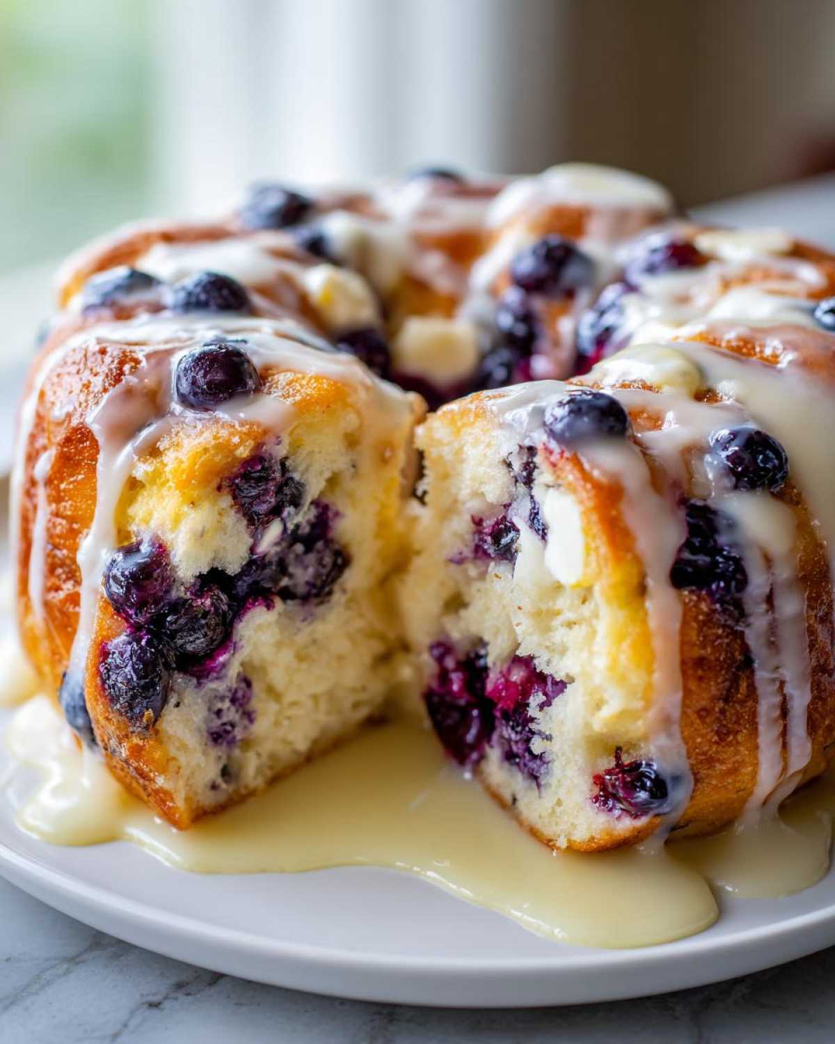 A close-up of gooey blueberry monkey bread cut open, showing soft dough, bursting blueberries, and dripping vanilla glaze.