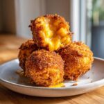 Close-up of crispy, golden fried mac and cheese balls, one broken open showing melted cheese.