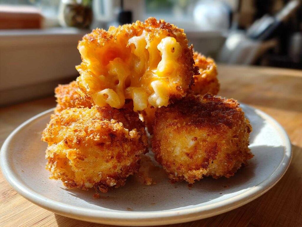 Close-up of golden brown fried mac and cheese balls, one broken open showing melted cheese and macaroni inside.