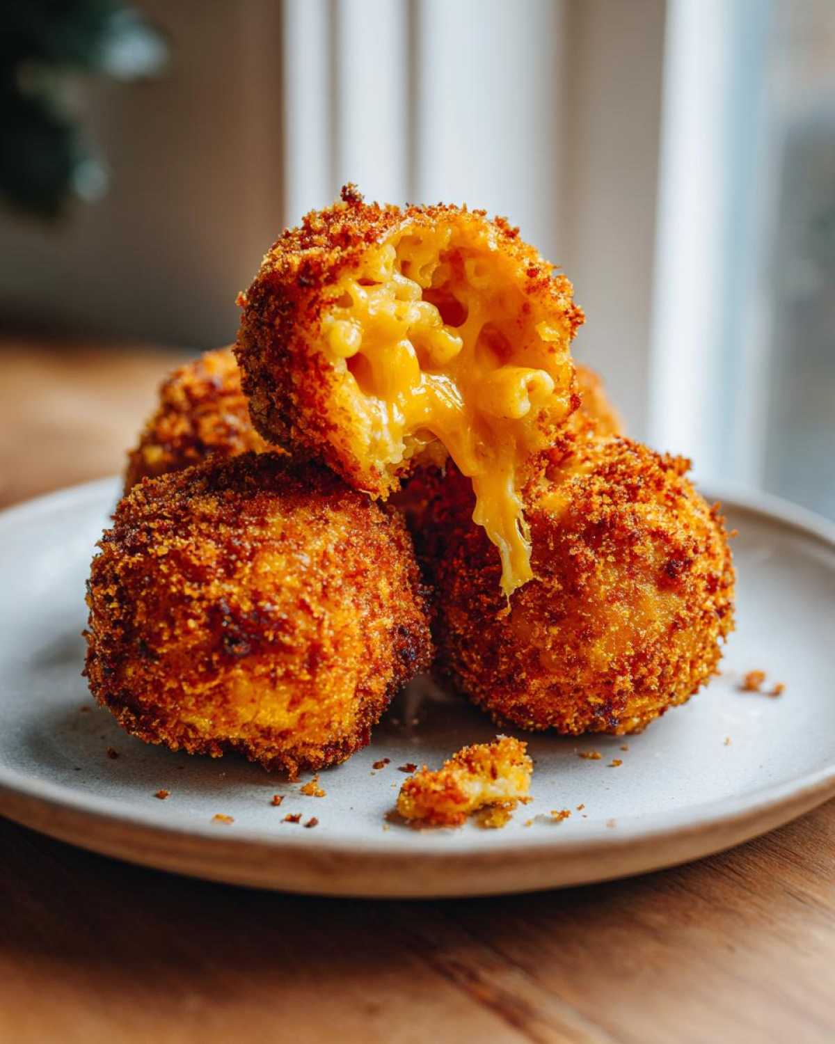 Close-up of crispy fried mac and cheese balls, one is broken open showing melted cheese pull.