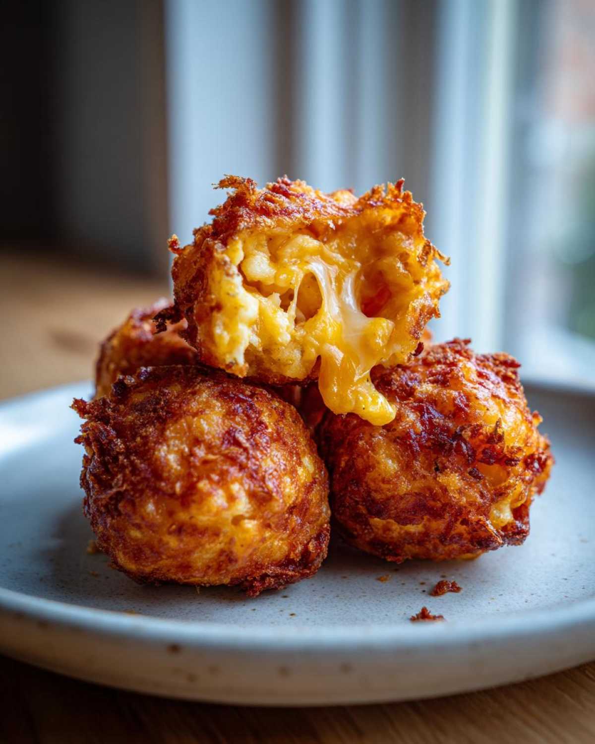 Close-up of golden brown fried mac and cheese balls, one broken open showing melted cheese.