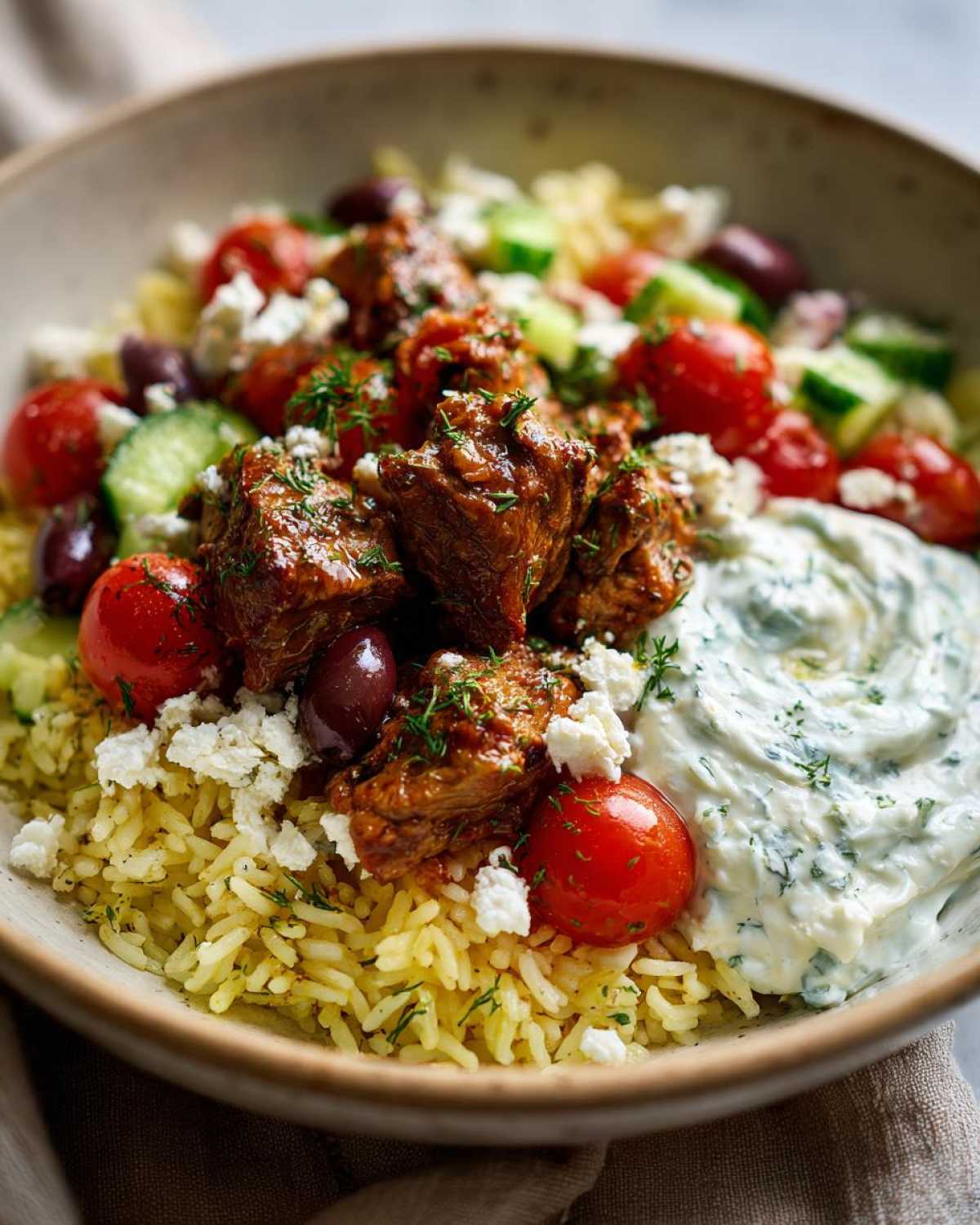 Close-up of a vibrant greek chicken rice bowl featuring seasoned chicken, yellow rice, tomatoes, cucumbers, olives, and tzatziki sauce.