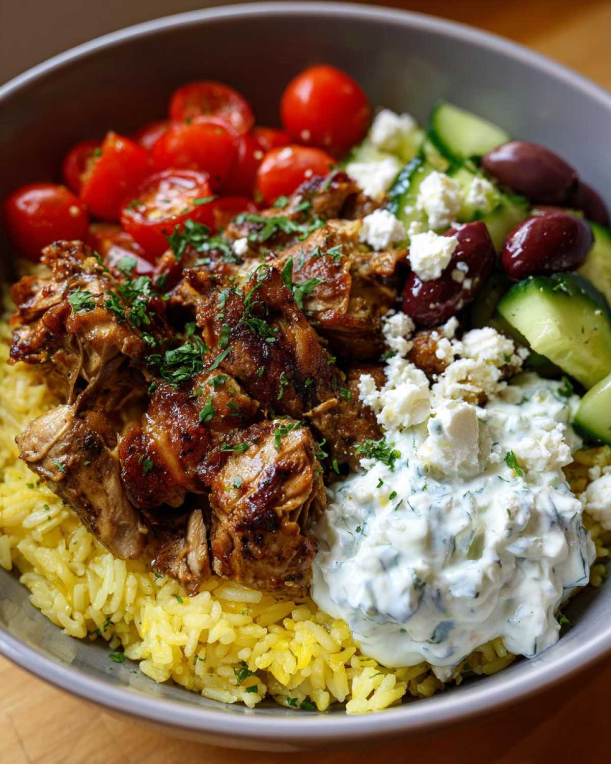 Close-up of a vibrant greek chicken rice bowl featuring seasoned chicken, yellow rice, tzatziki, tomatoes, cucumbers, feta, and olives.