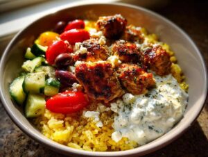 A close-up view of a vibrant greek chicken rice bowl featuring seasoned chicken, yellow rice, tzatziki, tomatoes, cucumbers, and feta.