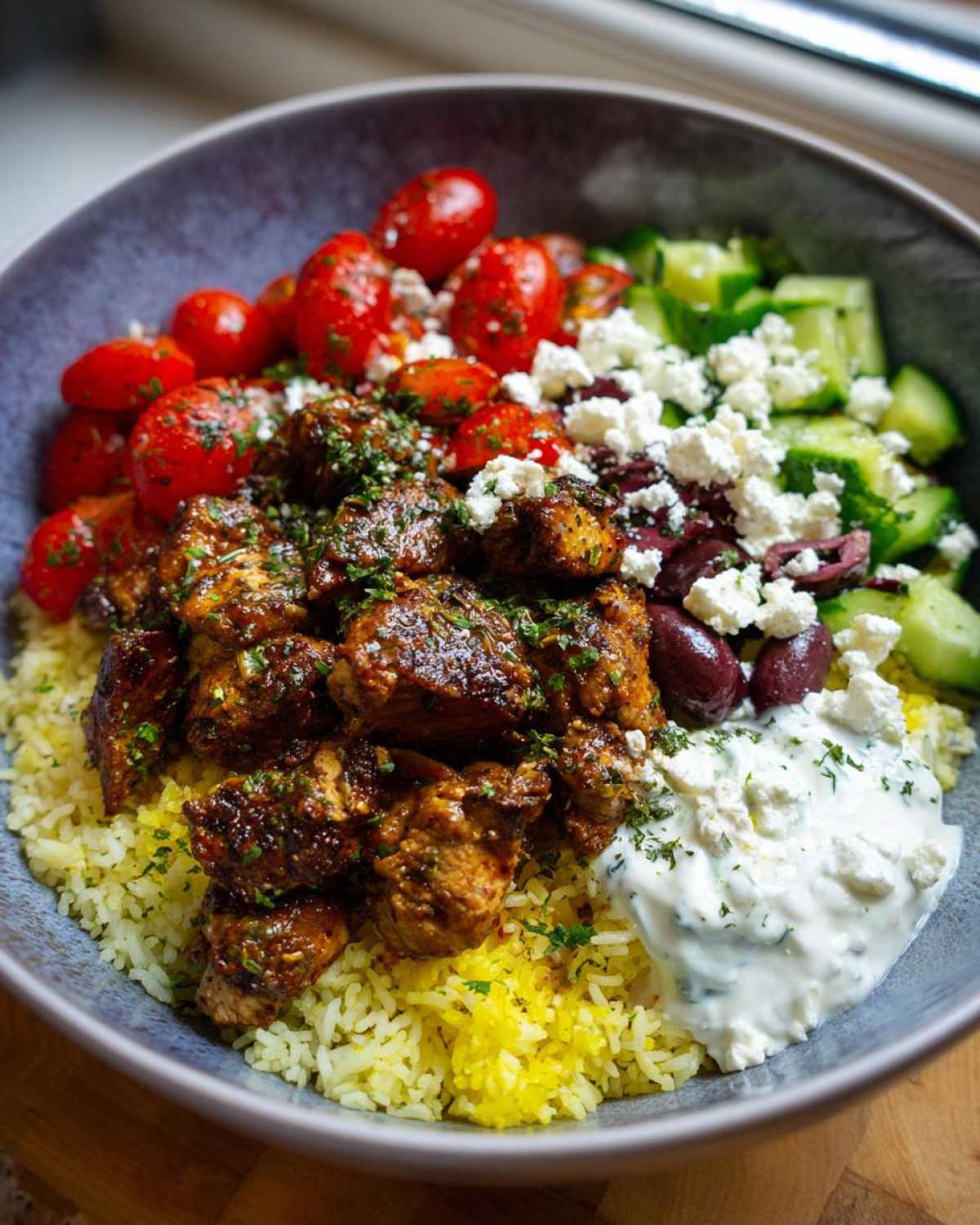 A vibrant greek chicken rice bowl featuring seasoned chicken, yellow rice, tomatoes, cucumbers, feta, and tzatziki sauce.