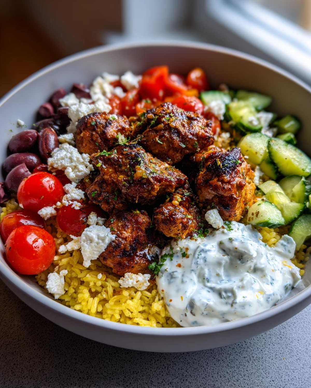 A close-up of a vibrant greek chicken rice bowl featuring seasoned chicken pieces, yellow rice, feta, tomatoes, cucumbers, olives, and tzatziki sauce.