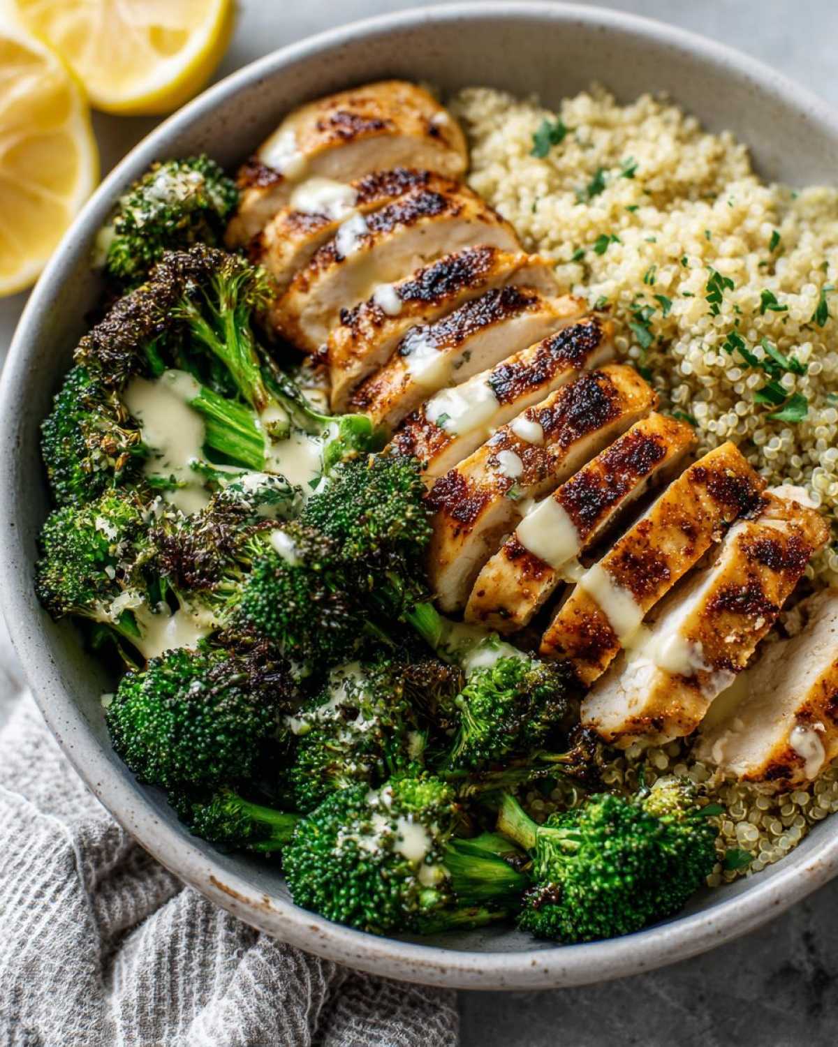 Close-up of a healthy grilled chicken and broccoli bowls featuring sliced grilled chicken, roasted broccoli, and quinoa, drizzled with a light sauce.