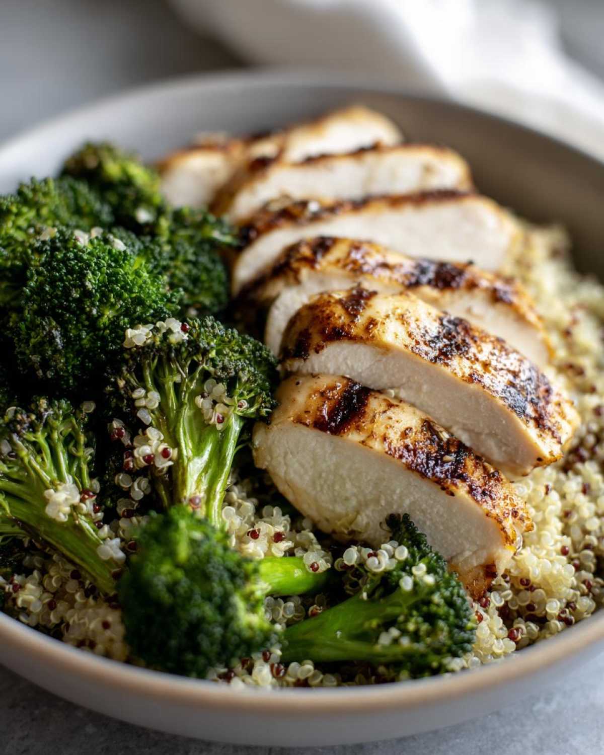Close-up of a bowl featuring sliced grilled chicken, bright green broccoli florets, and tri-color quinoa in grilled chicken and broccoli bowls.