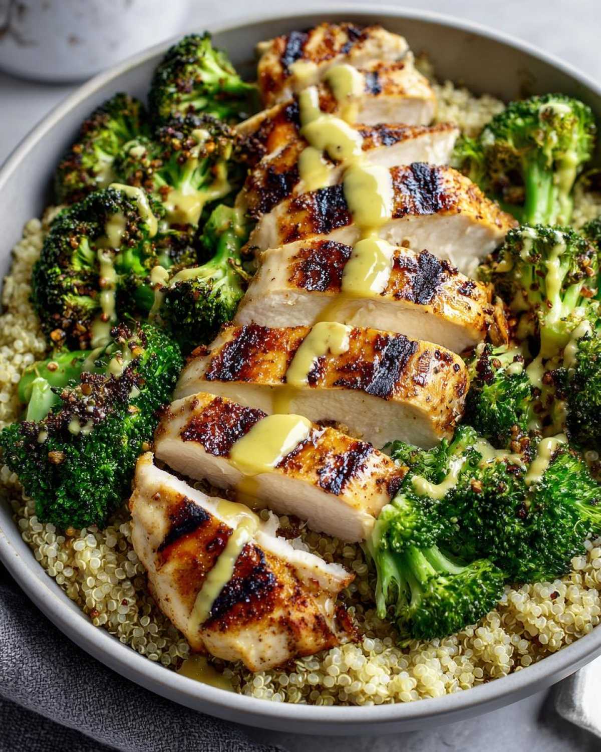 Close-up of delicious grilled chicken and broccoli bowls served over quinoa and drizzled with a light yellow sauce.