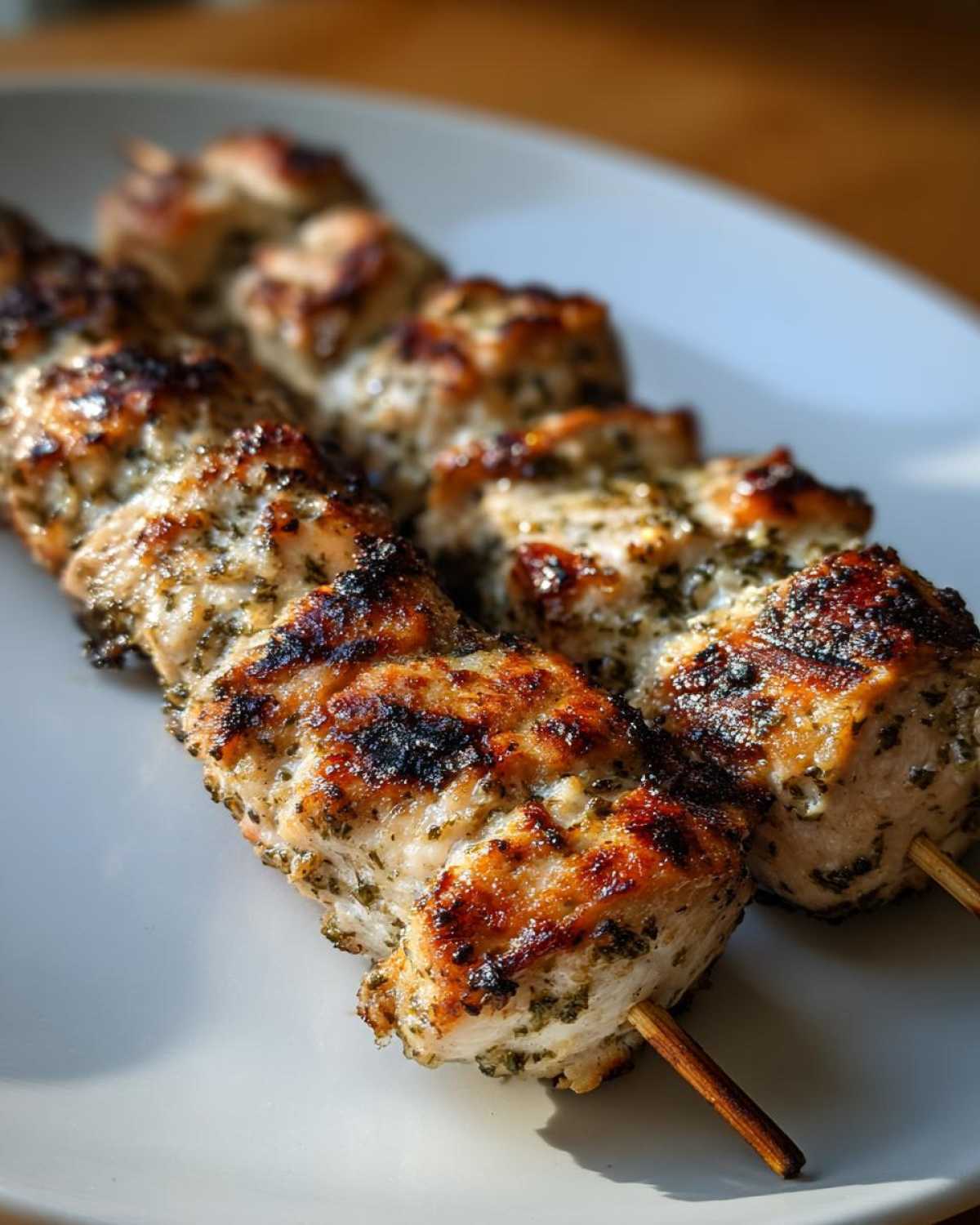Close-up of grilled ranch garlic parmesan chicken skewers showing charred edges and herbs.