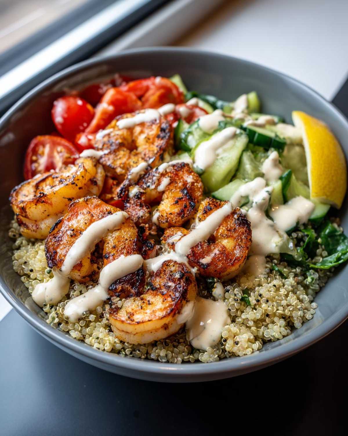 Close-up of a vibrant grilled shrimp bowl featuring seasoned shrimp over quinoa, topped with cucumbers, tomatoes, and a creamy dressing.
