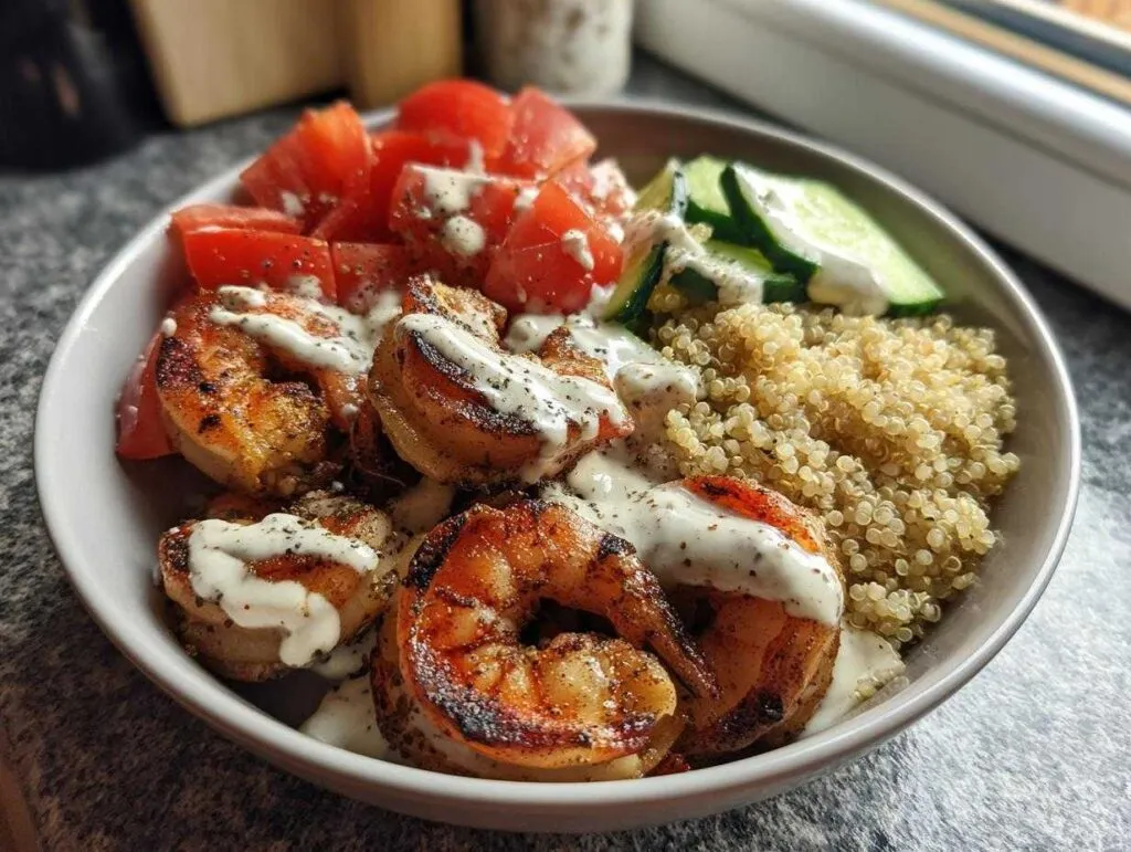 A close-up of a vibrant grilled shrimp bowl featuring seasoned shrimp, quinoa, diced tomatoes, and cucumber slices, drizzled with a white sauce.