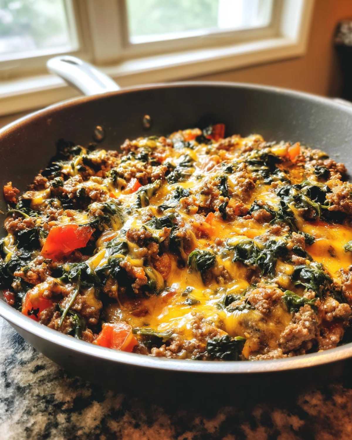 Melted cheese topping a hearty ground beef and spinach skillet mixture in a non-stick pan.