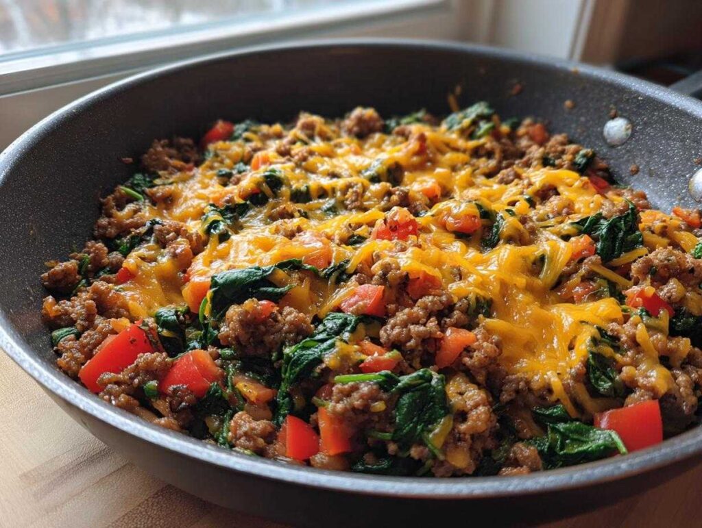 Close-up of a delicious ground beef and spinach skillet topped with melted cheddar cheese in a dark frying pan.