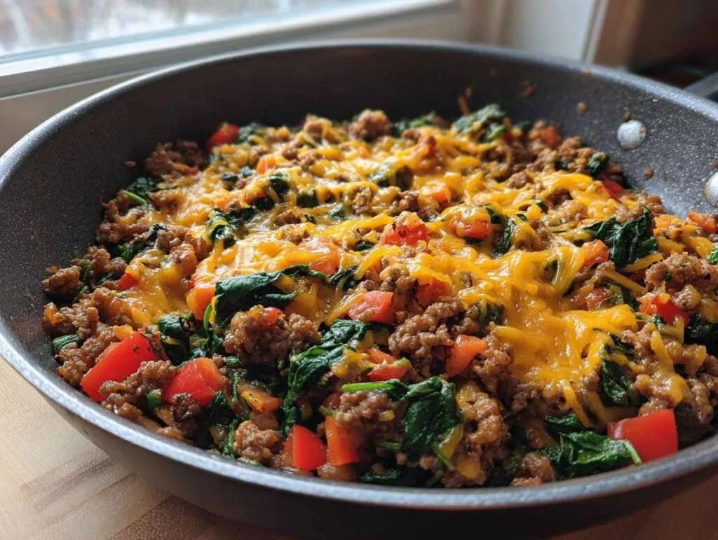 Close-up of a delicious ground beef and spinach skillet topped with melted cheddar cheese in a dark frying pan.