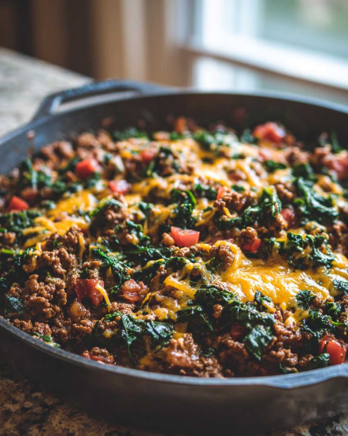 Close-up of a cheesy ground beef and spinach skillet topped with melted cheddar cheese, served in a dark cast iron pan.