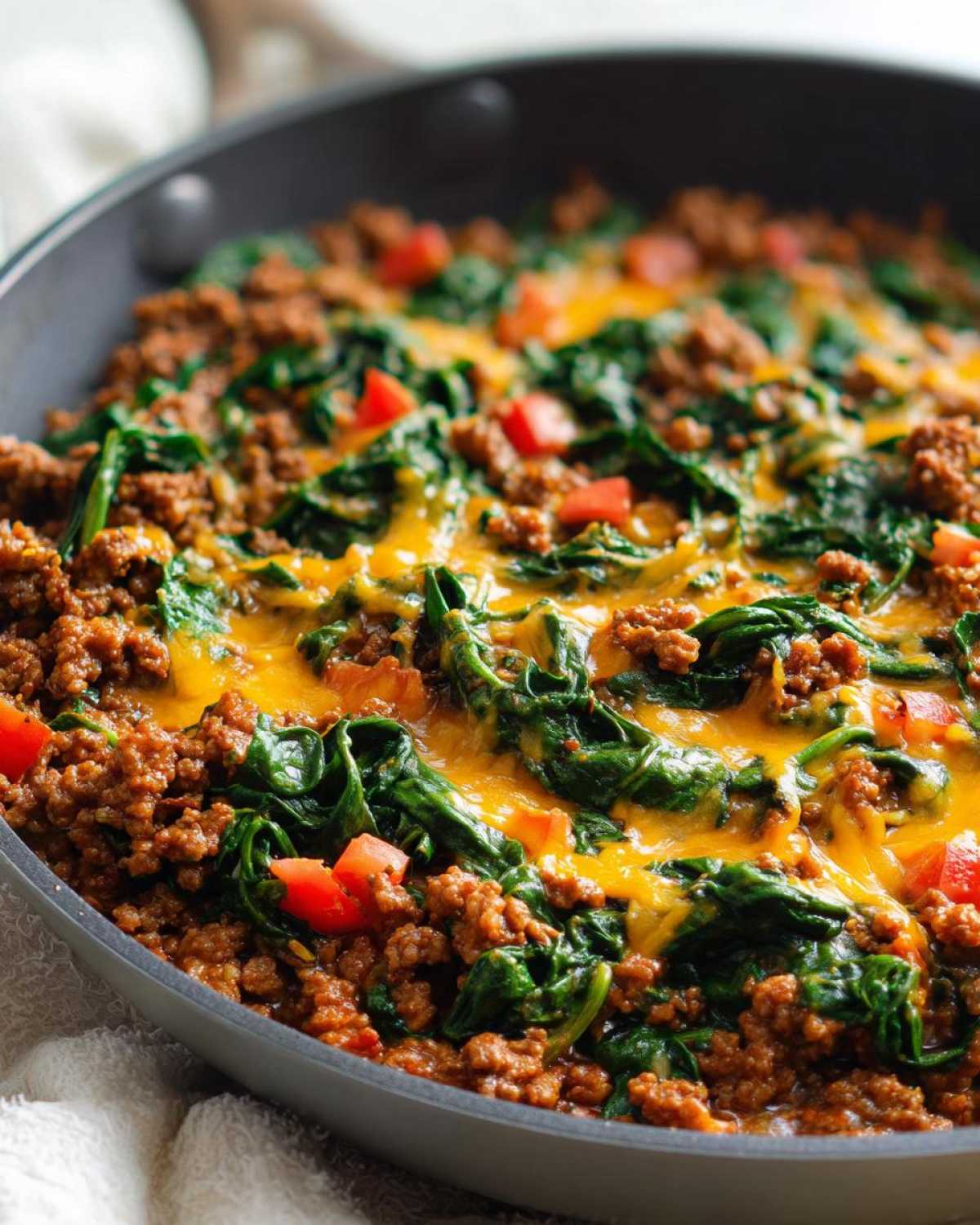 Close-up of a cheesy ground beef and spinach skillet topped with melted cheddar and diced tomatoes.