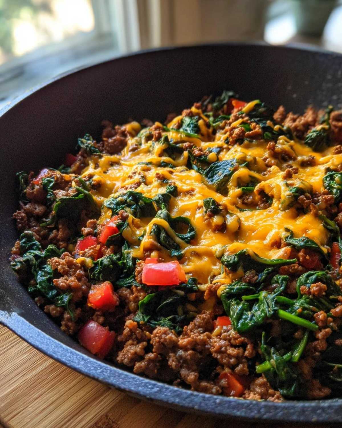 Close-up of a savory ground beef and spinach skillet topped with melted cheddar cheese in a dark pan.