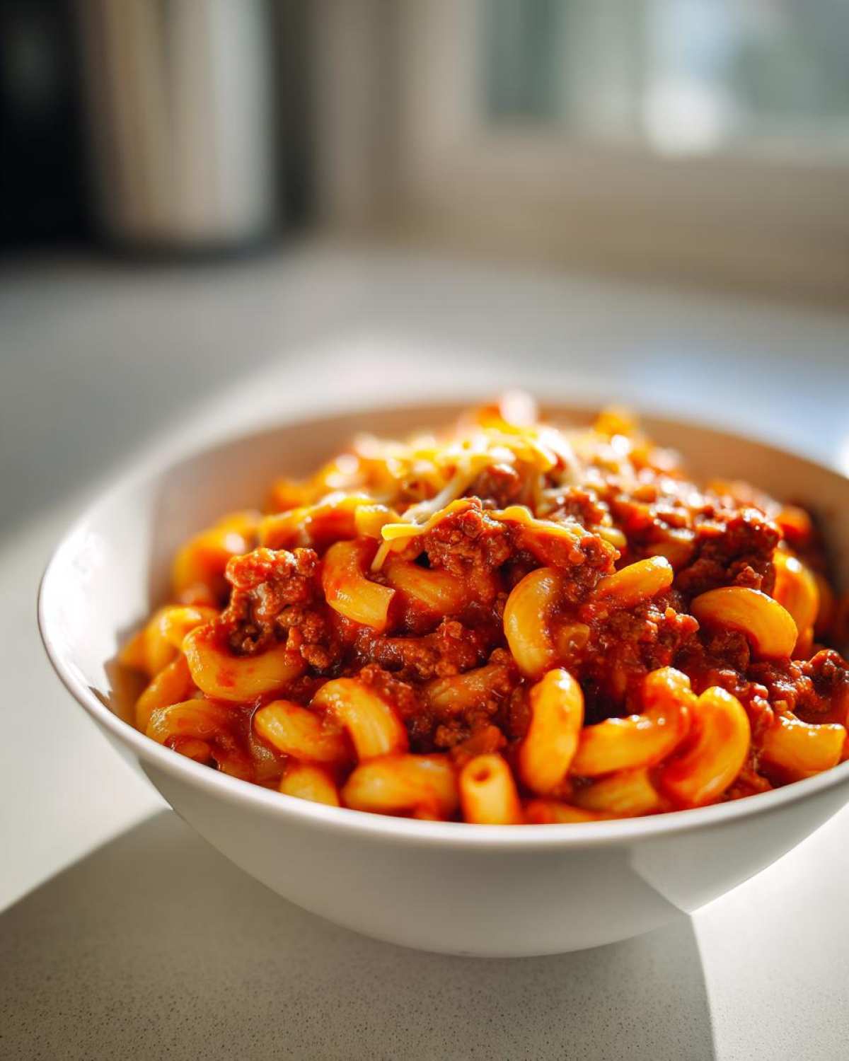 Close-up of a white bowl filled with hearty ground beef goulash mixed with elbow macaroni and topped with melted cheese.