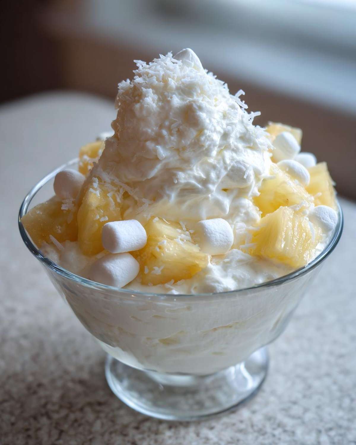 A glass dish filled with creamy Hawaiian pineapple coconut fluff, topped with whipped cream, pineapple chunks, mini marshmallows, and shredded coconut.