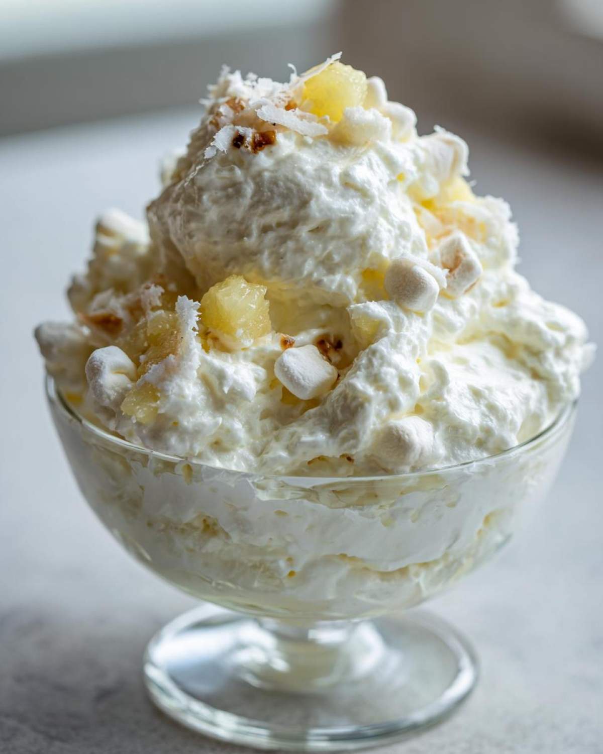 A close-up of a serving of creamy hawaiian pineapple coconut fluff topped with pineapple chunks and mini marshmallows.