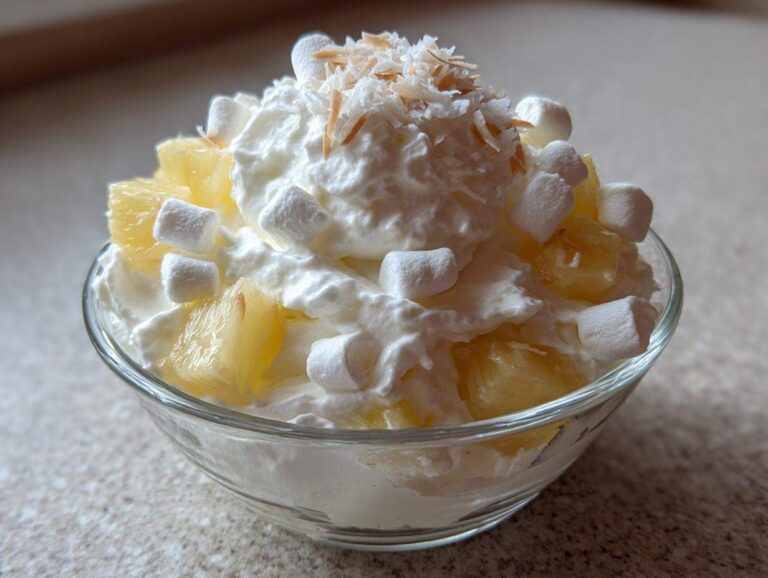 A close-up of a serving of hawaiian pineapple coconut fluff topped with whipped cream, mini marshmallows, and toasted coconut.