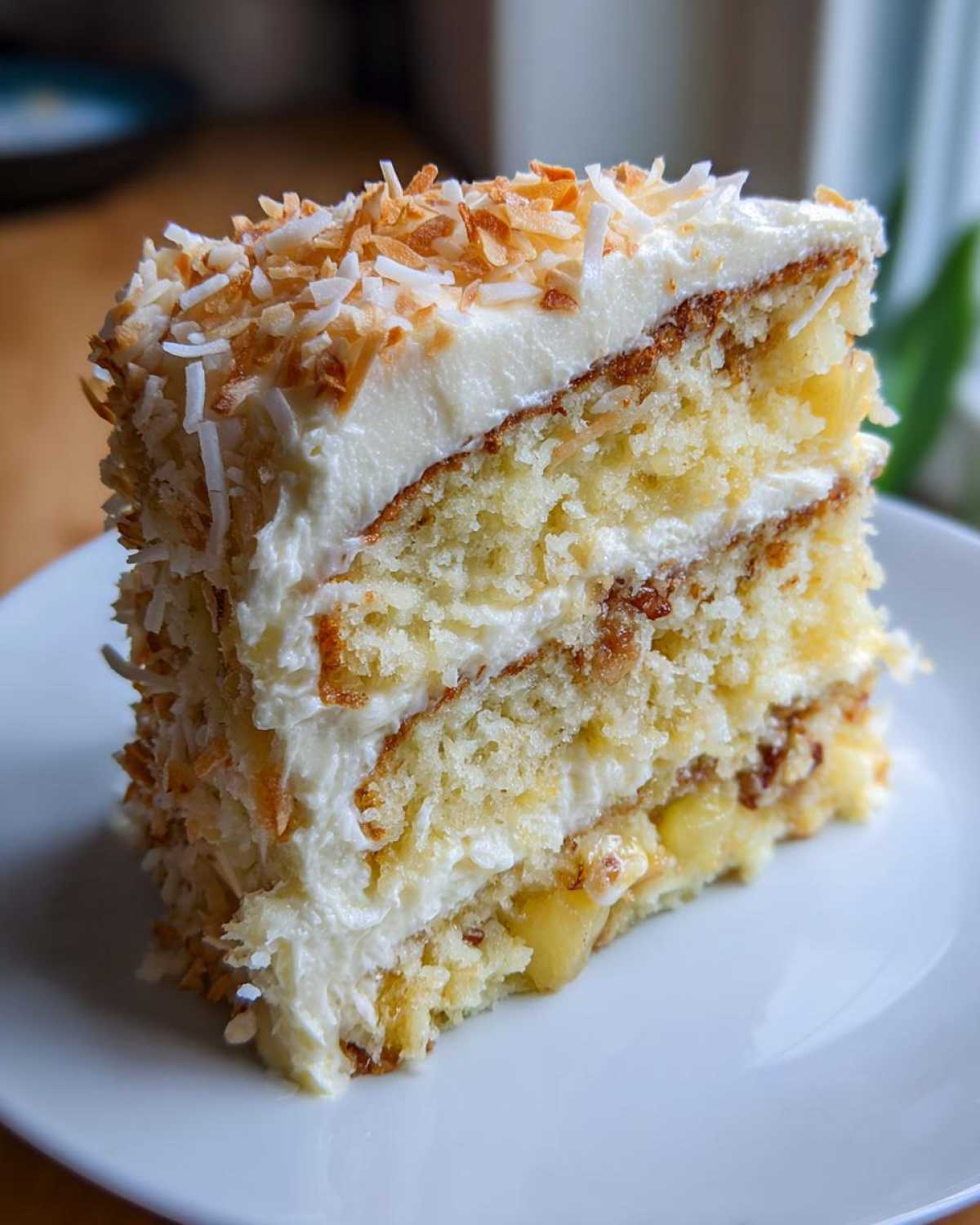 Close-up of a moist slice of 3-layer Hawaiian wedding cake with white frosting and toasted coconut.
