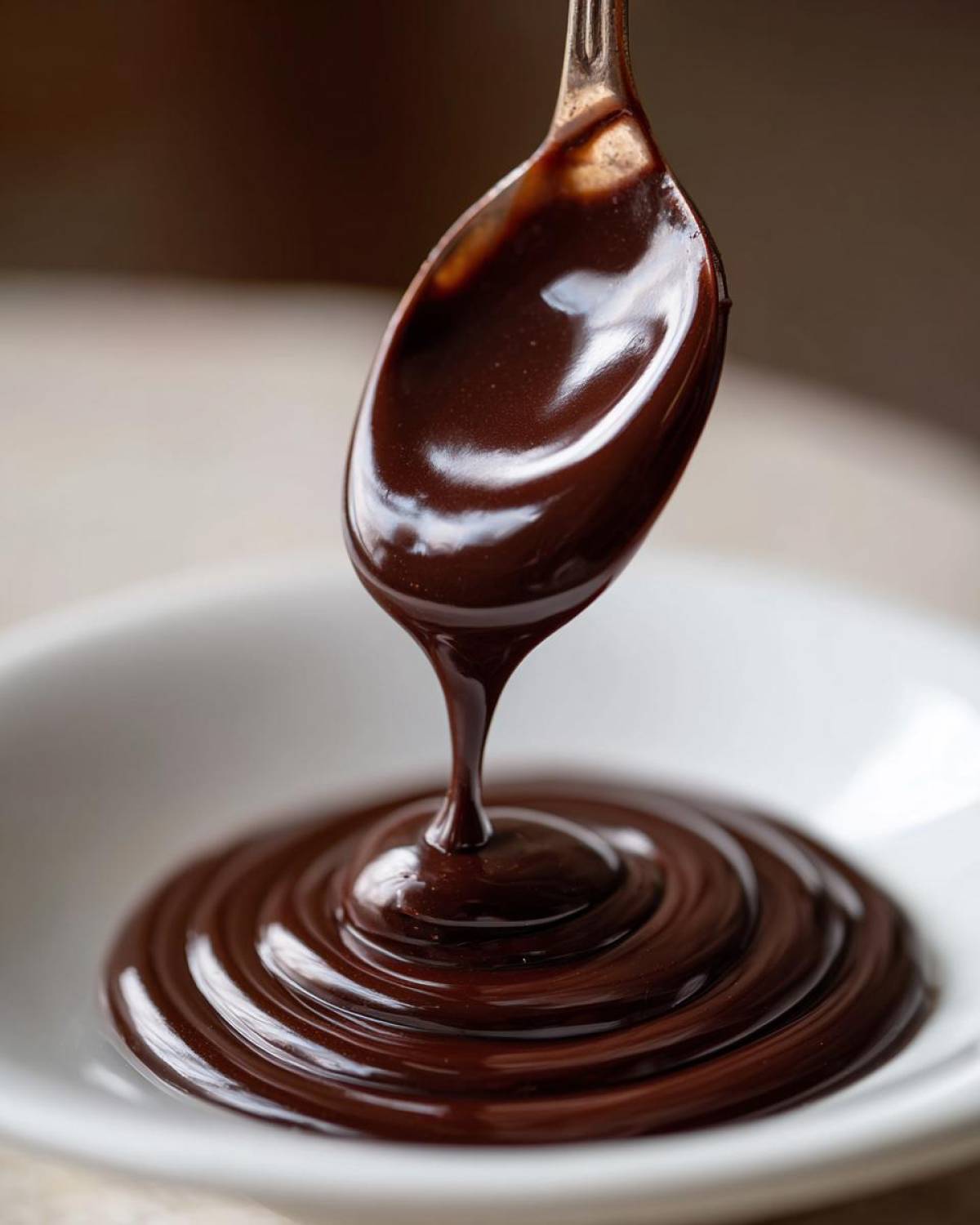 Close-up of thick, glossy homemade chocolate syrup dripping from a spoon into a white bowl, creating ripples.