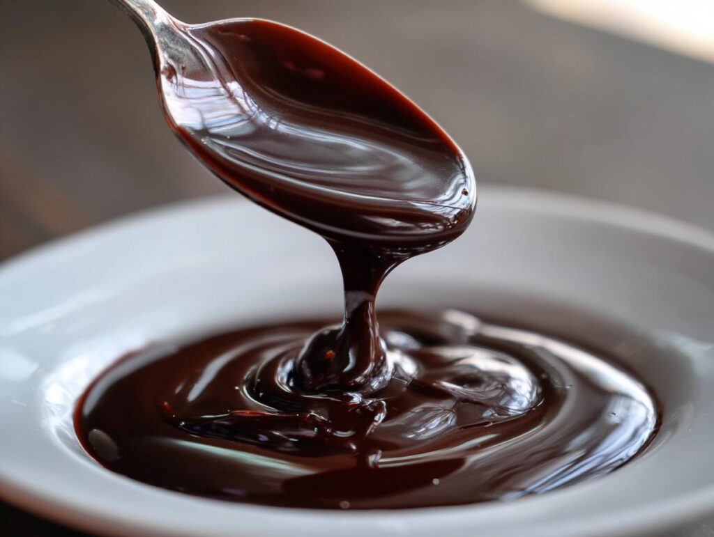 A close-up shot of thick, glossy homemade chocolate syrup being poured from a spoon into a white bowl.