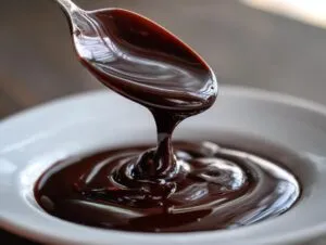 A close-up shot of thick, glossy homemade chocolate syrup being poured from a spoon into a white bowl.