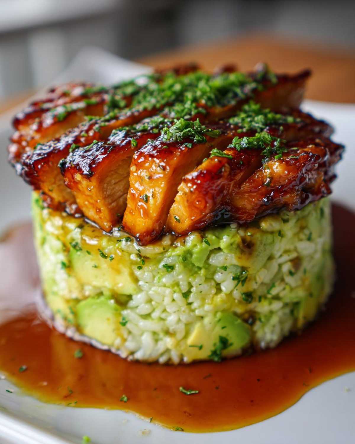 Close-up of a perfectly plated honey lime chicken & avocado rice stack, featuring glazed chicken slices over molded rice and avocado.