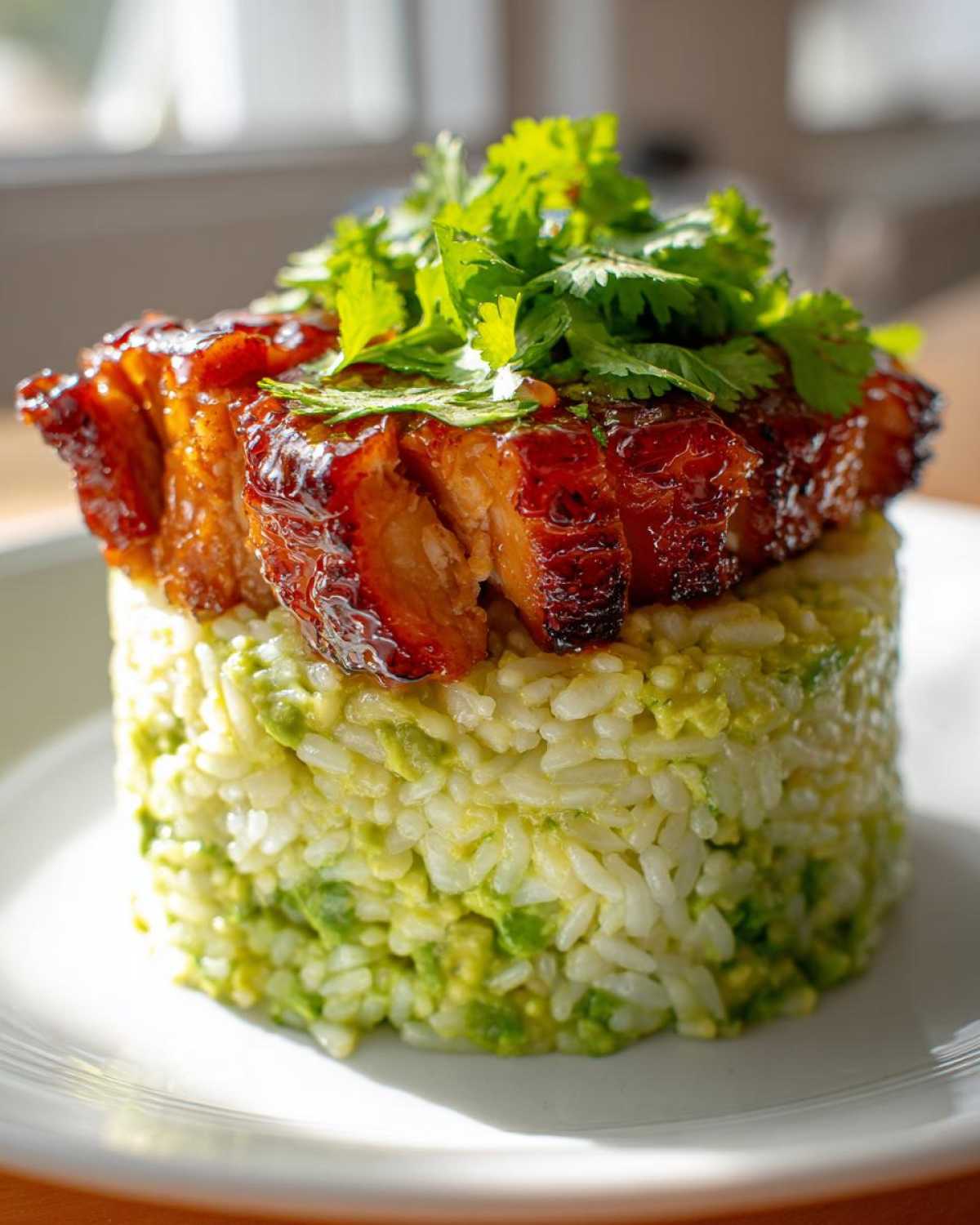 A perfectly molded stack of avocado rice topped with glazed honey lime chicken and fresh cilantro.