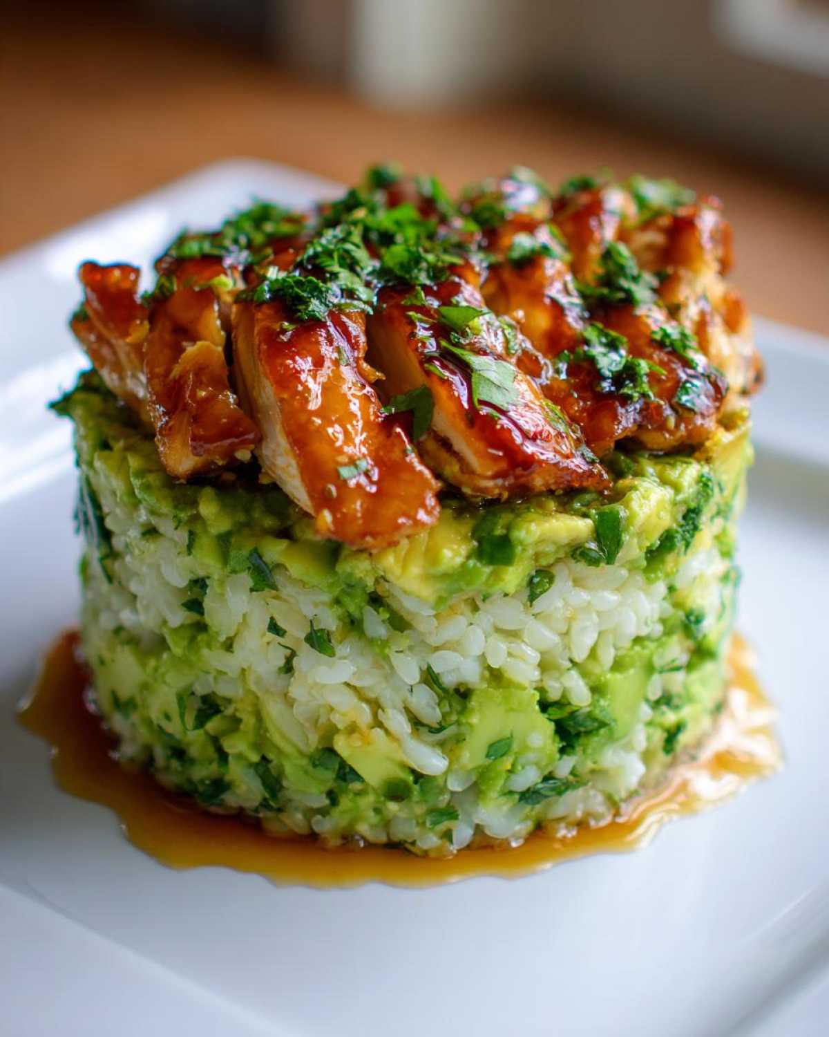 A perfectly formed stack of avocado rice topped with glazed, sliced honey lime chicken and fresh parsley.