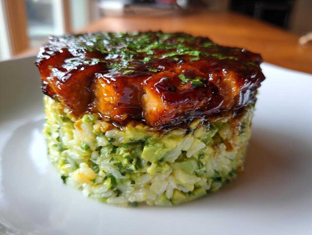 Close-up of a honey lime chicken & avocado rice stack, featuring glazed chicken on top of molded green avocado rice.