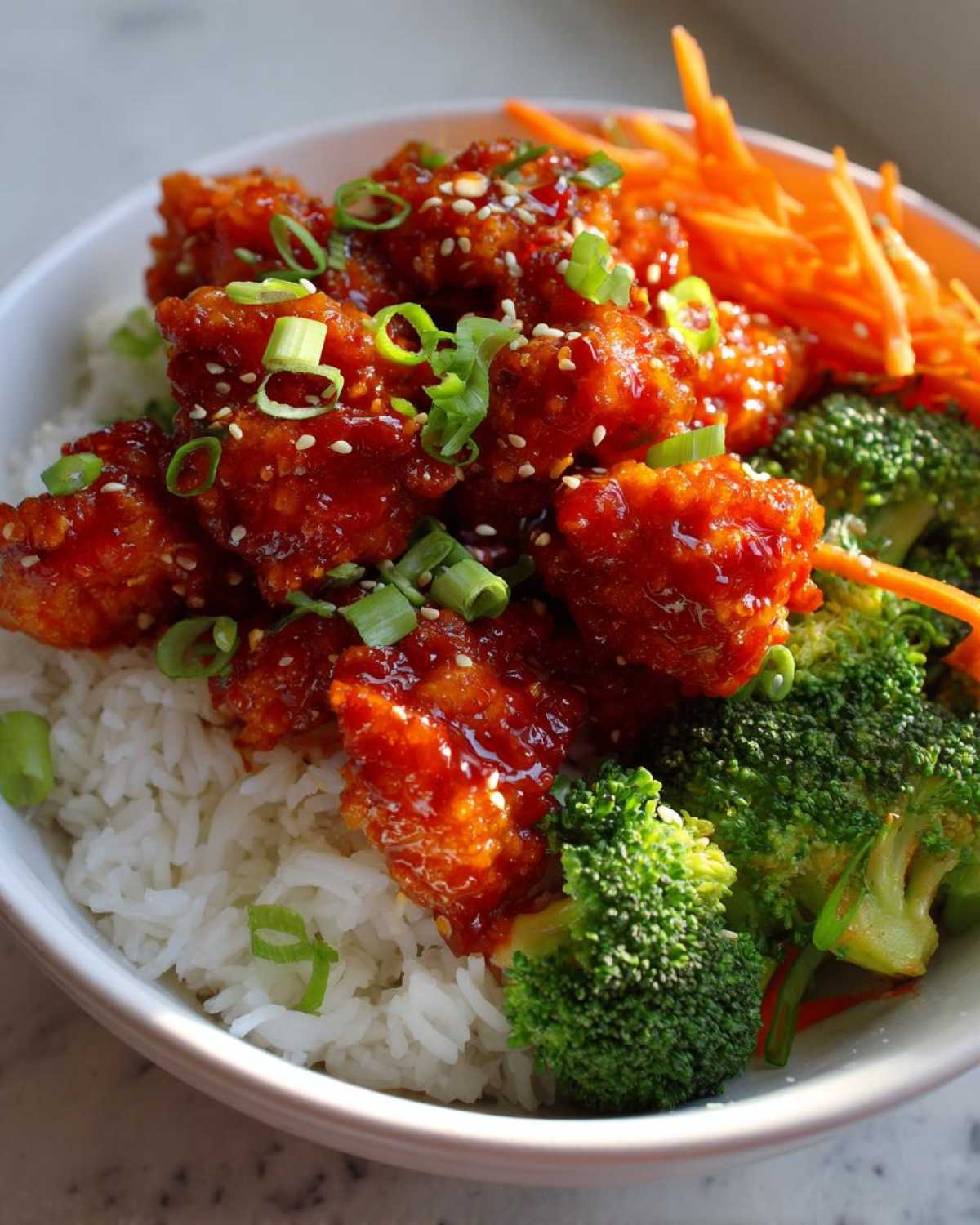 A close-up of a white bowl filled with fluffy rice, topped with glistening honey sriracha chicken, steamed broccoli, and shredded carrots.