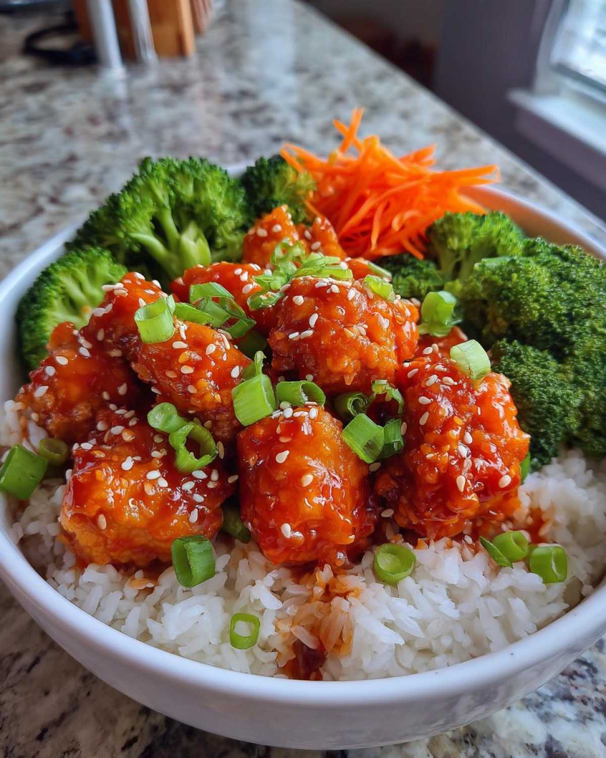 Close-up of Honey Sriracha Chicken Rice Bowls featuring glazed chicken, white rice, broccoli, and carrots.