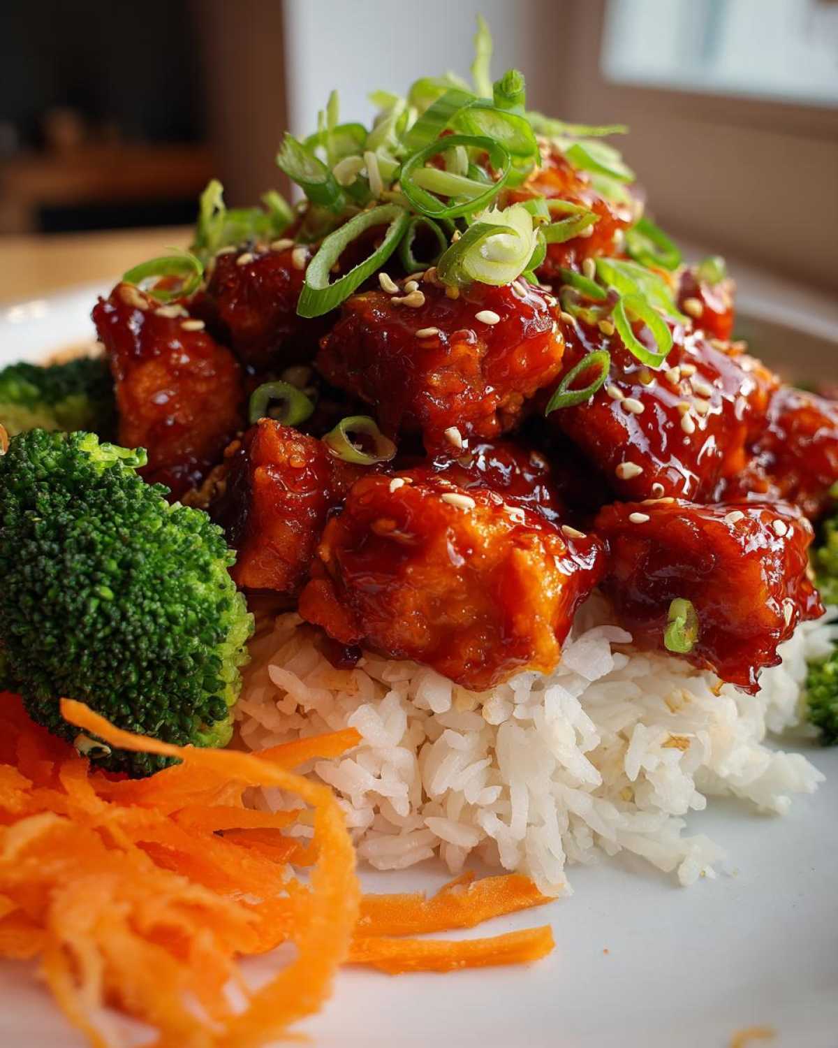 Close-up of honey sriracha chicken rice bowls featuring glazed chicken pieces, white rice, broccoli, and shredded carrots.