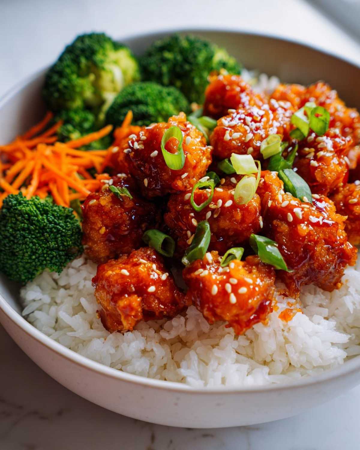 Close-up of a bowl featuring honey sriracha chicken over white rice with broccoli and shredded carrots.