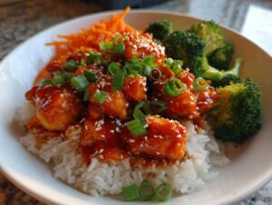 A close-up of a finished honey sriracha chicken rice bowls serving with steamed broccoli and shredded carrots.