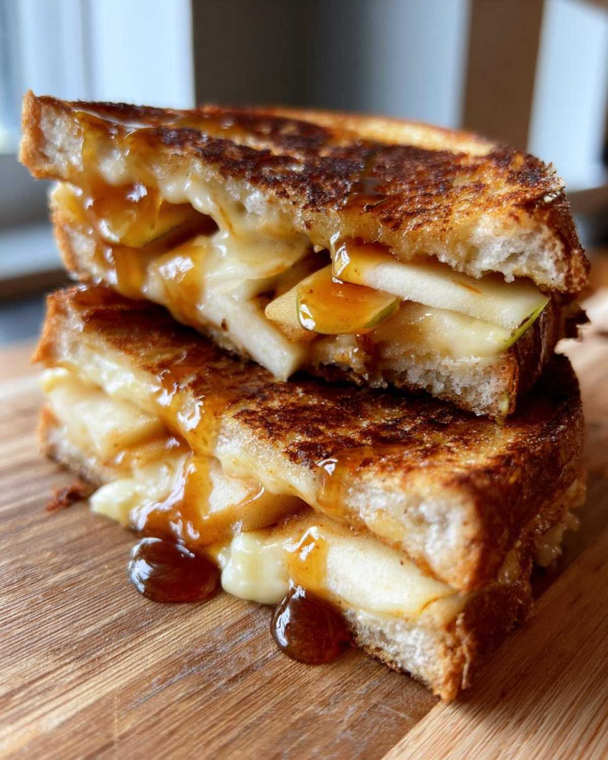 Close-up of a stacked hot honey apple cheddar sandwich with gooey cheese and dripping sauce on a wooden board.