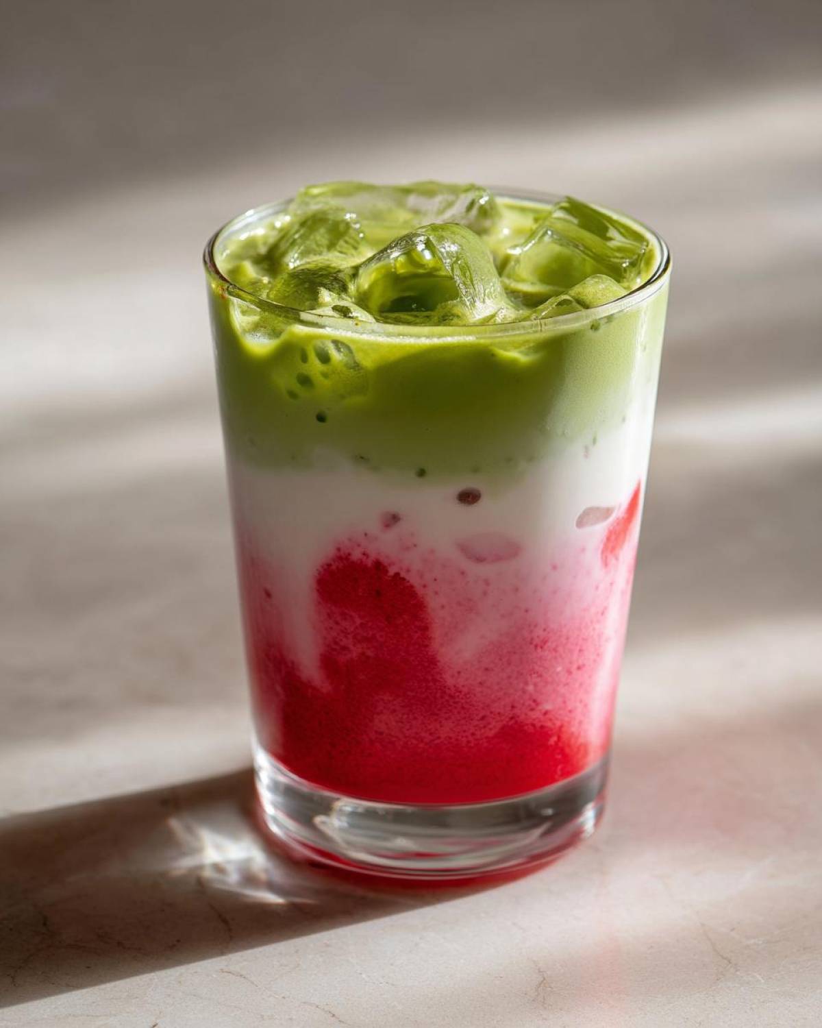 Close-up of a layered strawberry matcha drink with bright red strawberry puree, white milk, and green matcha tea topped with ice.