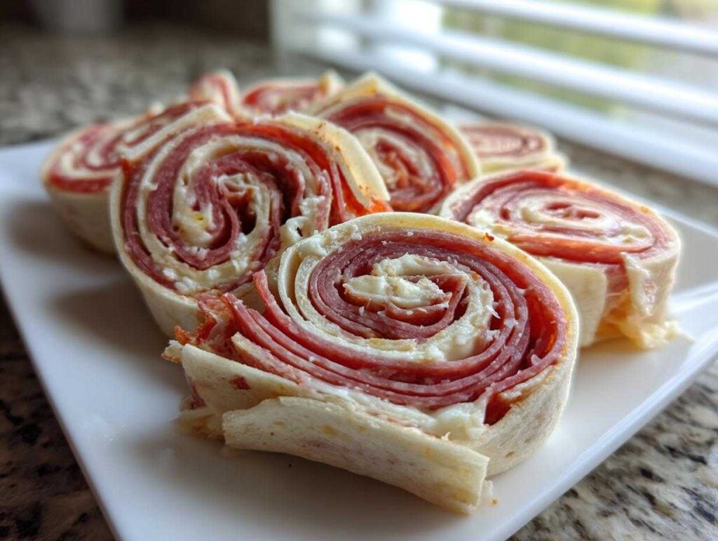 Close-up photo of several sliced Italian pinwheels featuring layers of salami, cheese, and tortilla on a white plate.