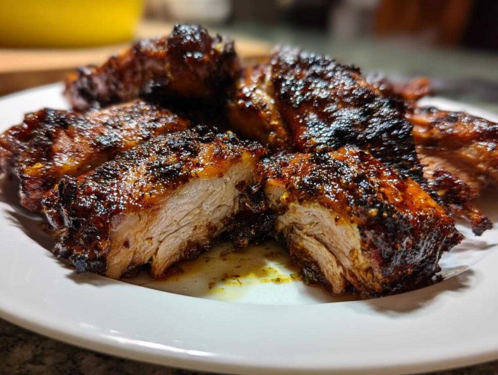 Close-up of perfectly cooked Jamaican jerk chicken pieces on a white plate, showing the juicy interior and charred, spiced exterior.