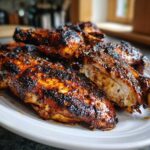 Close-up of juicy Jamaican jerk chicken pieces with a dark, caramelized glaze on a white plate.