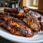 Close-up of juicy Jamaican jerk chicken pieces with a dark, caramelized glaze on a white plate.