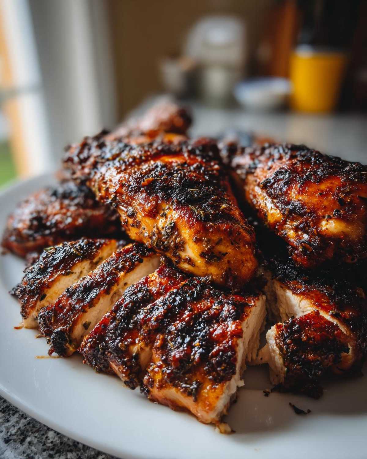 Close-up of sliced, richly seasoned Jamaican jerk chicken pieces piled on a white plate.